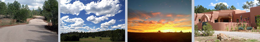 From left to right: Entry road to BOAF; Community meadow/pines; New Mexico sunset; Mike & Dave's casita